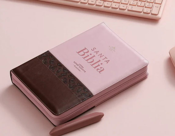 Biblia Rosada Marron con pestañas🩷-cierre /letra 19 puntos / Canto dorado