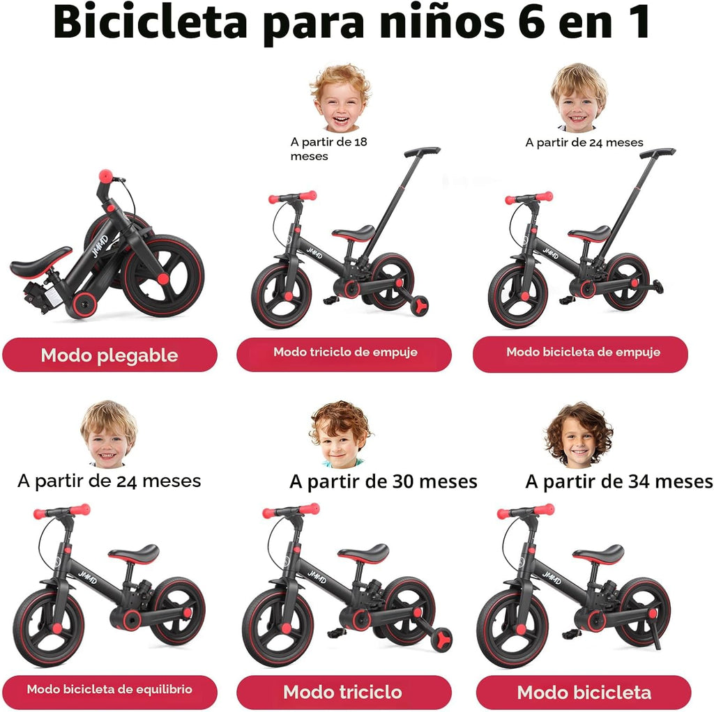 Bicicleta Evolutiva 6 en 1 para Niños de 18 a 60 Meses | Triciclo, Bicicleta de Equilibrio y Pedales Plegable de 12”
