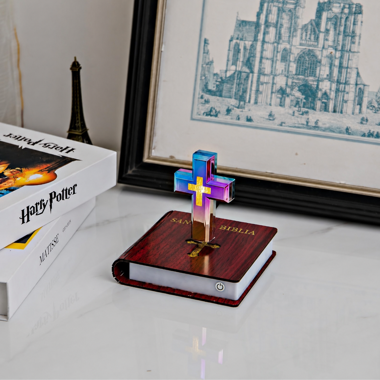 Lámpara levitante de la Santa Biblia con cruz magnética