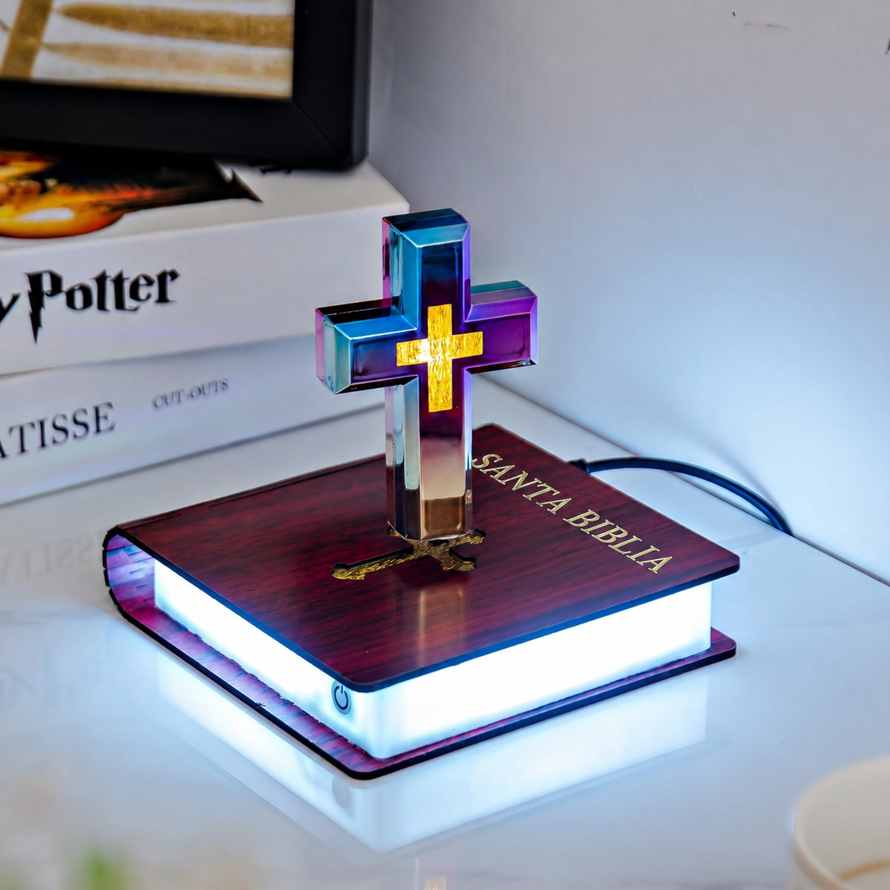 Lámpara levitante de la Santa Biblia con cruz magnética