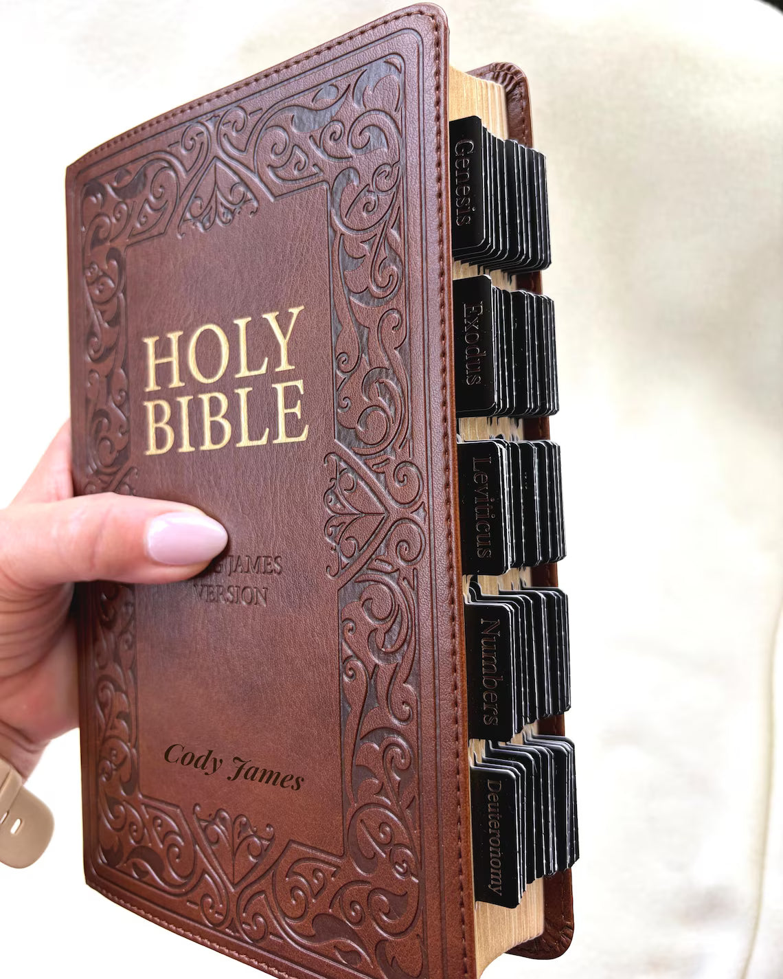 Personalized KJV Bible with Tabs, Custom Name Engraved, standard Print Brown King James Version Bible, Christian Gift for Women and Men.